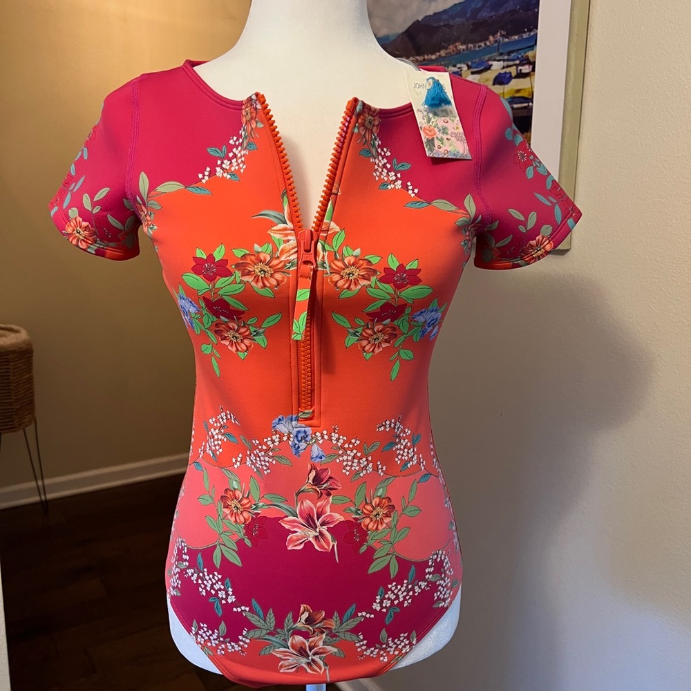 Johnny Was Short-Sleeve Floral One-Piece Swimsuit in Pink & Orange - Picture 3 of 8